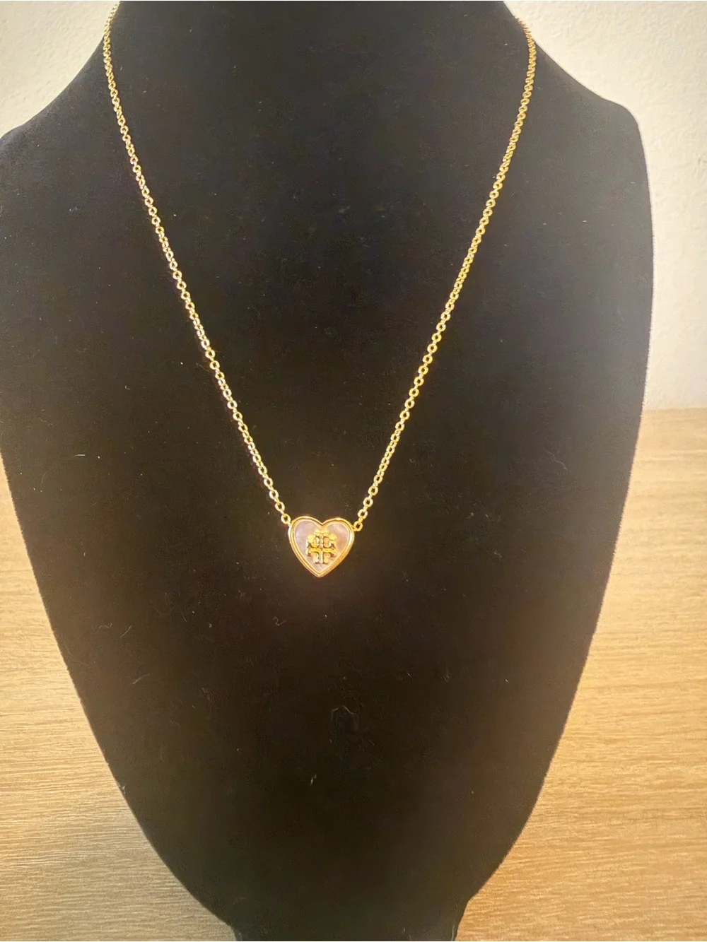 Tory Burch Kira Heart Mother of Pearl Double T Gold Necklace w dust bag